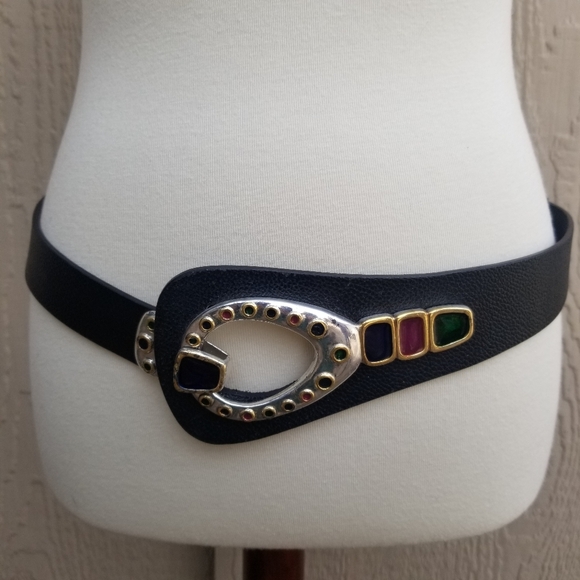 Vintage Chico's Adjustable Rhinestones Leather Wide Hook Belt - Picture 2 of 10